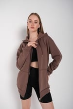 TrendSeninle Kadın Kahverengi Fermuarlı Sweatshirt Hırka