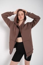 TrendSeninle Kadın Kahverengi Fermuarlı Sweatshirt Hırka