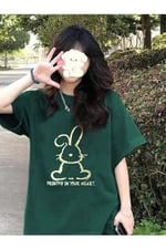 TrendSeninle Kadın Nefti Yeşil Printed Tavşan Baskılı Oversize T-shirt