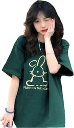 TrendSeninle Kadın Nefti Yeşil Printed Tavşan Baskılı Oversize T-shirt
