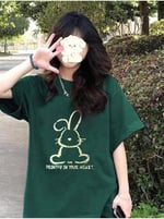 TrendSeninle Kadın Nefti Yeşil Printed Tavşan Baskılı Oversize T-shirt
