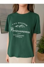 TrendSeninle Kadın Nefti Yeşili Dağ Perseverance Baskılı Oversize Tişört