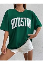 TrendSeninle Kadın Nefti Yeşili Houston Baskılı Oversize T-shirt
