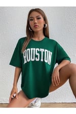 TrendSeninle Kadın Nefti Yeşili Houston Baskılı Oversize T-shirt