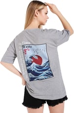 TrendSeninle Kadın Oversize Gri Japanese Sırt Baskılı T-shirt