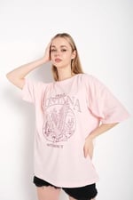 TrendSeninle Kadın Oversize Pudra Pembe Montana Eagle Point Baskılı T-shirt