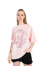 TrendSeninle Kadın Oversize Pudra Pembe Montana Eagle Point Baskılı T-shirt