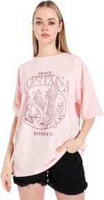 TrendSeninle Kadın Oversize Pudra Pembe Montana Eagle Point Baskılı T-shirt