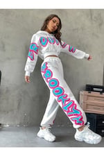 TrendSeninle Kadın Siyah Brooklyn Baskılı Oversize Alt Üst Crop Eşofman Takımı