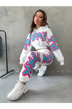 TrendSeninle Kadın Siyah Brooklyn Baskılı Oversize Alt Üst Crop Eşofman Takımı
