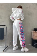 TrendSeninle Kadın Siyah Brooklyn Baskılı Oversize Alt Üst Crop Eşofman Takımı