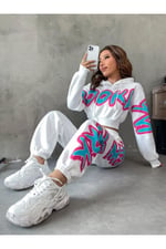 TrendSeninle Kadın Siyah Brooklyn Baskılı Oversize Alt Üst Crop Eşofman Takımı