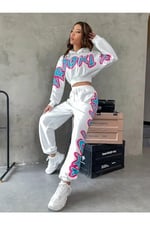 TrendSeninle Kadın Siyah Brooklyn Baskılı Oversize Alt Üst Crop Eşofman Takımı