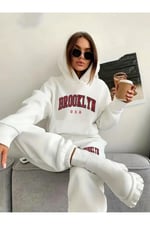 TrendSeninle Kadın Siyah Brooklyn USA Baskılı Oversize Alt Üst Eşofman Takımı