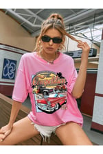 TrendSeninle Kadın Siyah Compeltition Baskılı Oversize T-shirt