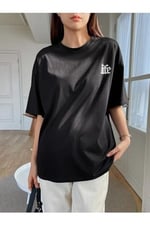TrendSeninle Kadın Siyah Life Attitude Baskılı Oversize T-shirt