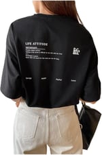 TrendSeninle Kadın Siyah Life Attitude Baskılı Oversize T-shirt