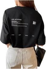 TrendSeninle Kadın Siyah Life Attitude Baskılı Oversize T-shirt