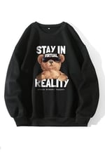 TrendSeninle Kadın Siyah Oversize Stay In Baskılı Sweatshirt