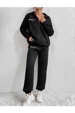 TrendSeninle Kadın Siyah Sıerra Nevada Baskılı Hırka Jogger Oversize Eşofman Takımı
