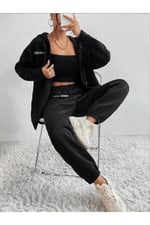 TrendSeninle Kadın Siyah Sıerra Nevada Baskılı Hırka Jogger Oversize Eşofman Takımı