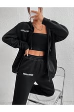 TrendSeninle Kadın Siyah Sıerra Nevada Baskılı Hırka Jogger Oversize Eşofman Takımı