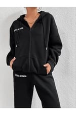 TrendSeninle Kadın Siyah Sıerra Nevada Baskılı Hırka Jogger Oversize Eşofman Takımı
