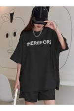 TrendSeninle Kadın Siyah Therefore Baskılı Oversize Şortlu Takım