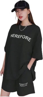 TrendSeninle Kadın Siyah Therefore Baskılı Oversize Şortlu Takım
