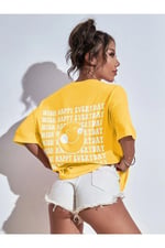 TrendSeninle Kadın Siyah Wish Happy Everyday Baskılı Oversize T-shirt