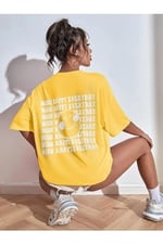 TrendSeninle Kadın Siyah Wish Happy Everyday Baskılı Oversize T-shirt