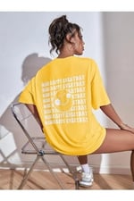 TrendSeninle Kadın Siyah Wish Happy Everyday Baskılı Oversize T-shirt