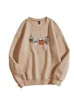 TrendSeninle Kadın Vizon Oversize Coffee Baskılı Sweatshirt