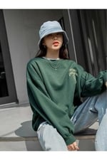 TrendSeninle Kadın Yeşil Merry Cheerful Baskılı Oversize Bisiklet Yaka Sweatshirt