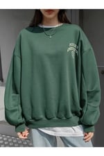 TrendSeninle Kadın Yeşil Merry Cheerful Baskılı Oversize Bisiklet Yaka Sweatshirt