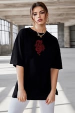 TrendSeninle Oversize Dragon Baskılı Siyah Büyük Beden Tshirt OVRSZTSHRT12
