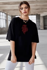 TrendSeninle Oversize Dragon Baskılı Siyah Büyük Beden Tshirt OVRSZTSHRT12