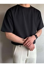 TrendSeninle Siyah Oversize Erkek Düz T-shirt