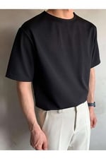 TrendSeninle Siyah Oversize Erkek Düz T-shirt