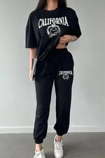 TrendSeninle Tenis Eşofman Altı Ve T-shirt Siyah Jogger Tişört Alt Üst Eşofman Takımı Oversize Bisiklet Yaka