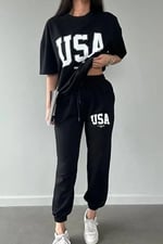 TrendSeninle Usa Eşofman Altı Ve T-shirt Siyah Jogger Tişört Alt Üst Eşofman Takımı Oversize Bisiklet Yaka