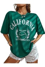 TrendSeninle Yeşil Calıfornia Baskılı Oversize Unisex T-shirt