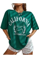 TrendSeninle Yeşil Calıfornia Baskılı Oversize Unisex T-shirt