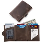 TRUSADOR Verona Unisex RFID Trifold Deri Cüzdan Ön Cep, Kahverengi, Küçük, Fermuar Cepli