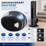 Turbo Akıllı Fan 70W Uzaktan Kumandalı Kule Vantilatör, Aromaterapi Özellikli, Dokunmatik LED Ekranlı, 3 Hız Kademeli, 3 Modlu, 12 Saat Zamanlayıcılı, Sessiz Çalışma, Salınımlı Fan