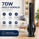 Turbo Akıllı Fan 70W Uzaktan Kumandalı Kule Vantilatör, Aromaterapi Özellikli, Dokunmatik LED Ekranlı, 3 Hız Kademeli, 3 Modlu, 12 Saat Zamanlayıcılı, Sessiz Çalışma, Salınımlı Fan