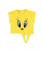 Tweety Tişört Lisanslı Pul Payet İşlemeli Kısa Kollu Beli Bağlamalı Bisiklet Yaka