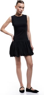 U Yaka Slim Fit Kolsuz Mini Balon Elbise