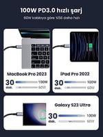 UGREEN 100W USB C Kablosu PD3.0 Hızlı Şarj Kablosu PPS iPhone 15 Pro Max MacBook Pro M2 MacBook Air M2 Galaxy S25 Ultra ile uyumludur. (3m)