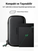 UGREEN Sabit Disk Çantası 2.5 İnç Kasa Harici Sabit Disk Çantası Suya Dayanıklı Eva Evrensel Powerbank Çantası Kablo Çanta Düzenleyici WD Elements, My Passport, Seagate, SanDisk, HDD, SSD ile Uyumlu